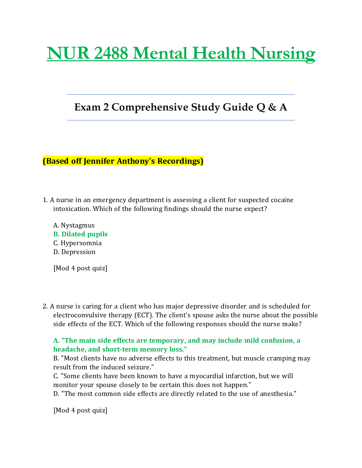 Preview image for NUR2488 / NUR 2488 Exam 2 Mental Health Nursing Comprehensive Study Guide Q & A Updated 230 Q&A - Rasmussen